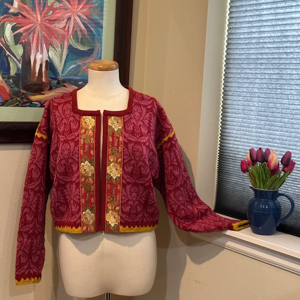 Oleana Pink Cardigan Sweater Jacket w/ Embroidered Ribbon -  Norwegian Story - M